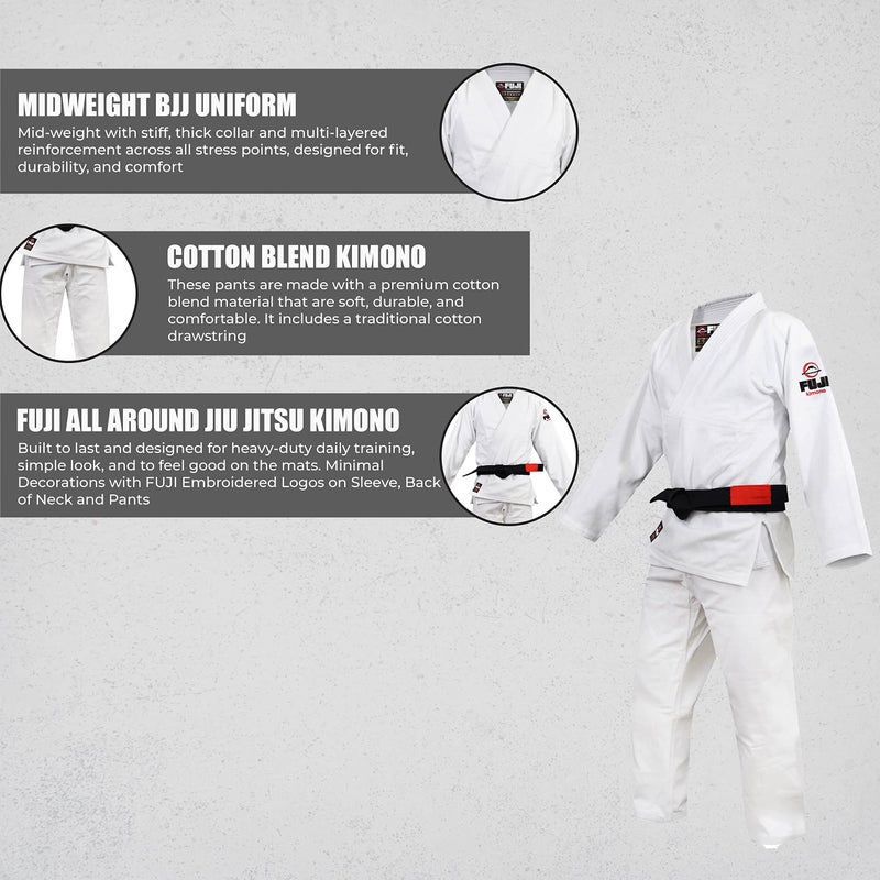 FUJI All-Around Brazilian Style Jiu Jitsu Uniform, White (Black Lettering), Size A3 - Image 5